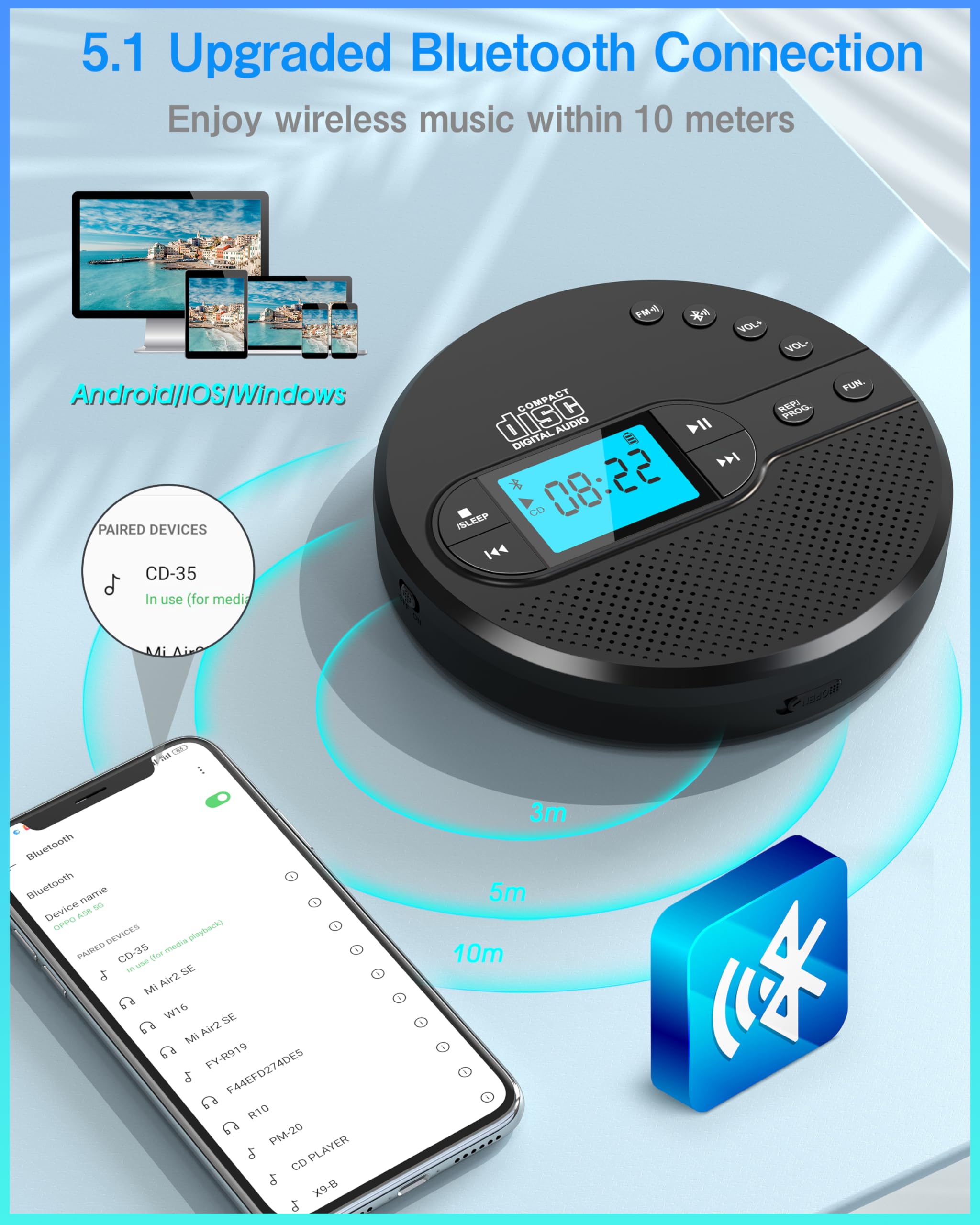 Sunoony Portable Cd Player With Bluetooth, Cd Player With Fm Transmitter And Speakers For Car, Rechargeable Cd Player With Anti